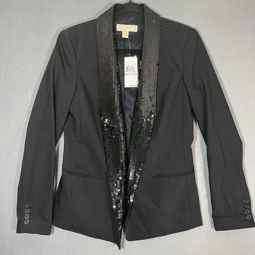 NWT Michael Kors Women's Black Sequin Collar Jacket Blazer Size 6‎ Wool